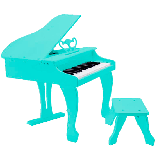 Electric baby grand piano in blue color.