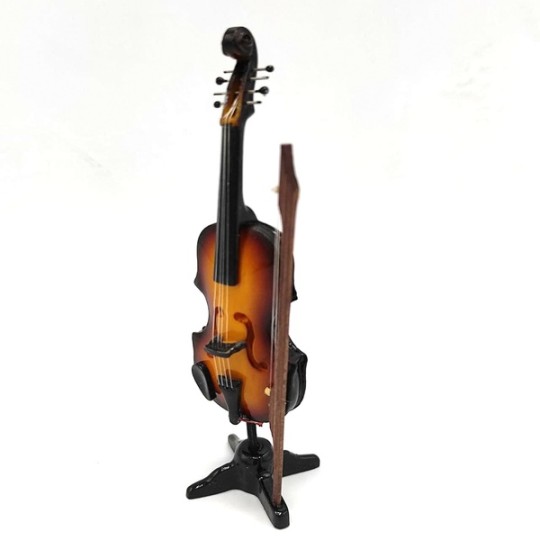 Miniatura violín con arco y soporte