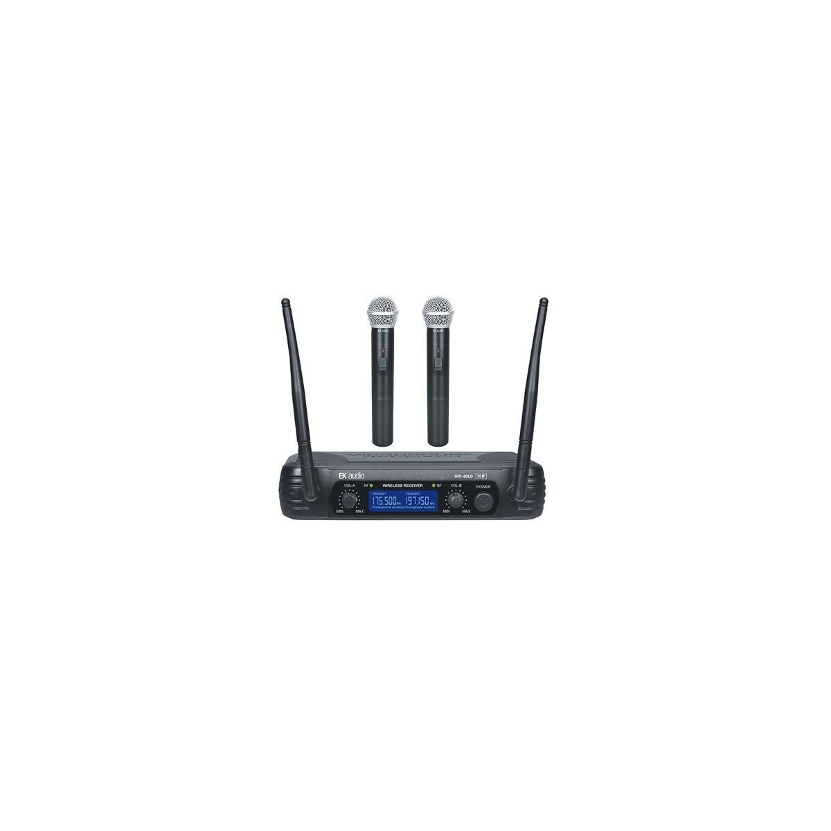 Wireless handheld microphone system and receiver with 2 EK Wr69LD microphones.