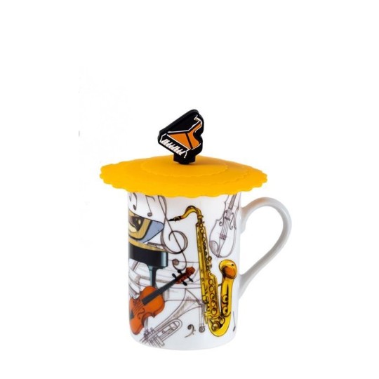 Taza con tapa, filtro infusión y bote decorado instrumentos música