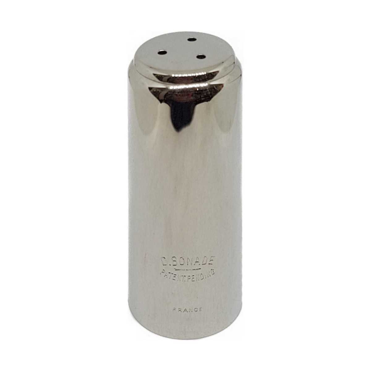 Inverted nickel-plated Bonade clarinet mouthpiece.